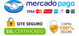 Logotipos do Mercado Pago e bandeiras de cartões de crédito, com selos de segurança certificado SSL e site seguro.