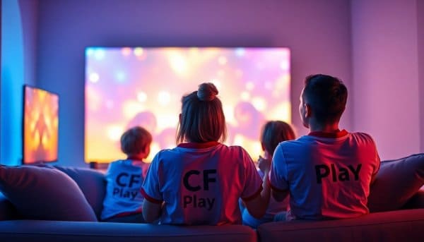 Família assistindo TV juntos com camisetas da CF Play.