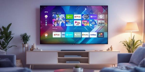 Sala moderna com TV exibindo a Lista gratis IPTV.